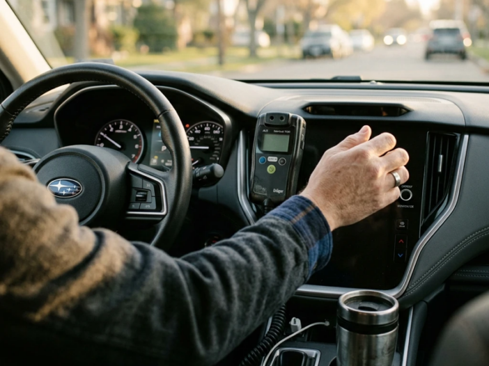 Primer plano espontáneo del salpicadero de un coche con un dispositivo de bloqueo de encendido instalado; la luz de la mañana entra por el parabrisas; la mano del conductor se acerca al volante; el interior aparece ligeramente desenfocado, con una taza de café en la consola central