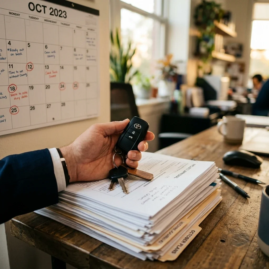 Primer plano de la mano de una persona que sostiene las llaves del coche junto a una pila de papeles sobre un escritorio; al fondo se ve un calendario con fechas marcadas; iluminación natural de oficina.