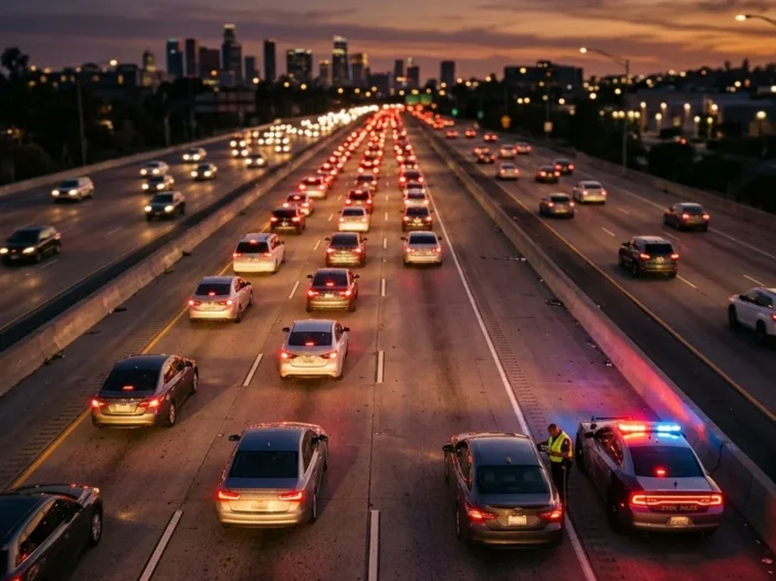 Overhead view of a highway at dusk with multiple lanes of traffic, brake lights glowing red, a police cruiser with flashing lights visible on the shoulder beside a stopped vehicle, conveying the tension and reality of a traffic stop