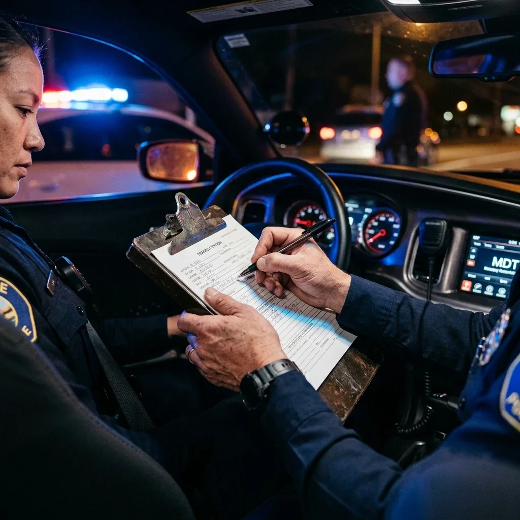 Close-up of a police officer's hands holding a clipboard with paperwork during a nighttime traffic stop, dashboard lights casting a blue glow, the interior of the patrol vehicle softly illuminated in the background