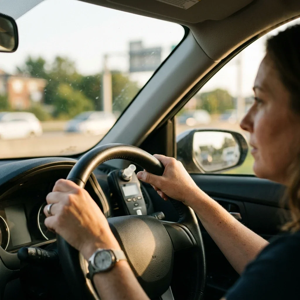 Candid view through a car windshield of a person's hands gripping the steering wheel, with a blurred ignition interlock device mounted near the dashboard, natural daylight coming through the windows, conveying the reality of post-DUI compliance requirements