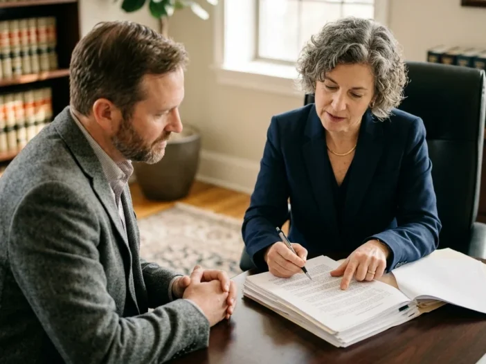 Attorney and client reviewing DUI plea bargain paperwork at a desk
