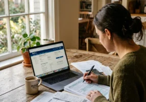 Candid over-the-shoulder view of someone at a kitchen table reviewing paperwork and financial documents, a laptop open to a government website, natural morning light from a nearby window, coffee mug and pen visible