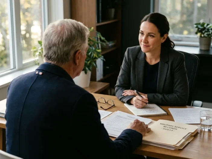 Over-the-shoulder view of a veteran sitting across from a legal advisor at a plain desk, paperwork and military service records spread between them, natural light from a nearby window, the mood is serious but collaborative