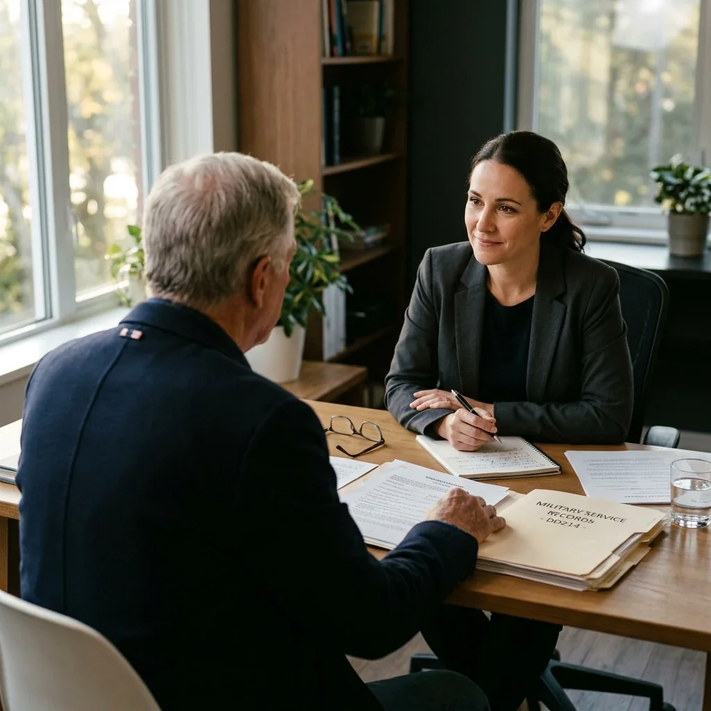 Over-the-shoulder view of a veteran sitting across from a legal advisor at a plain desk, paperwork and military service records spread between them, natural light from a nearby window, the mood is serious but collaborative