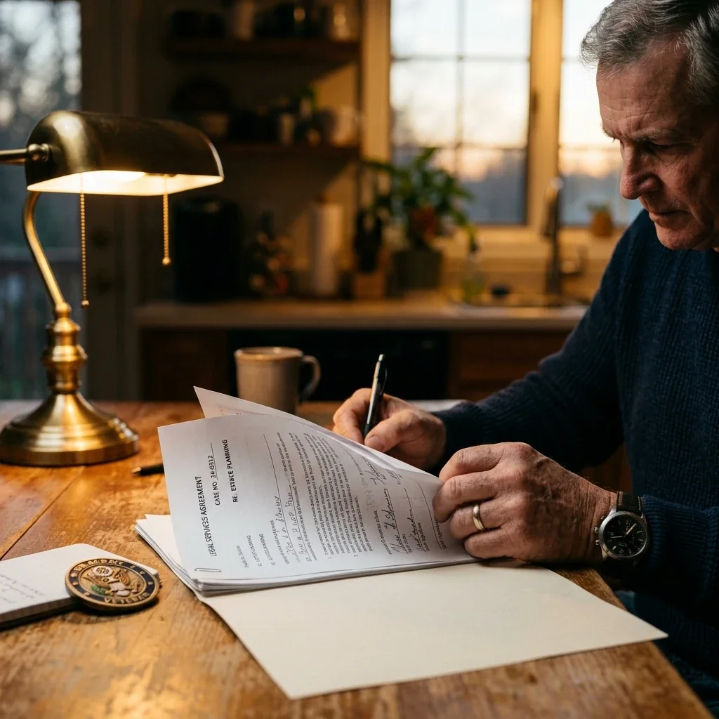 Candid view of a person's hands reviewing legal documents at a kitchen table, a military challenge coin visible beside the papers, evening lamp light, mood of quiet determination and focus
