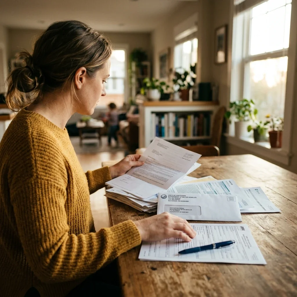 Over-the-shoulder view of someone organizing paperwork at a kitchen table, official-looking letters and a state DMV envelope visible among the documents, natural daylight from a nearby window, a pen resting on a partially filled form