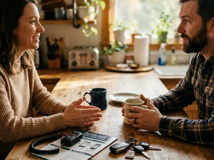 Candid scene of a family kitchen counter with car keys next to an interlock device pamphlet, morning light streaming through the window, coffee mugs nearby, hands of two people visible mid-conversation across the counter