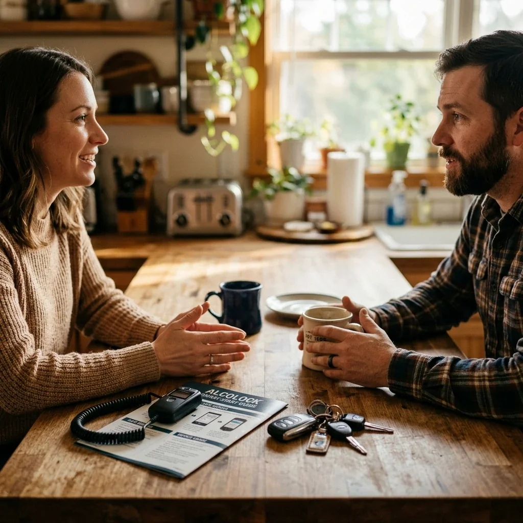 Candid scene of a family kitchen counter with car keys next to an interlock device pamphlet, morning light streaming through the window, coffee mugs nearby, hands of two people visible mid-conversation across the counter