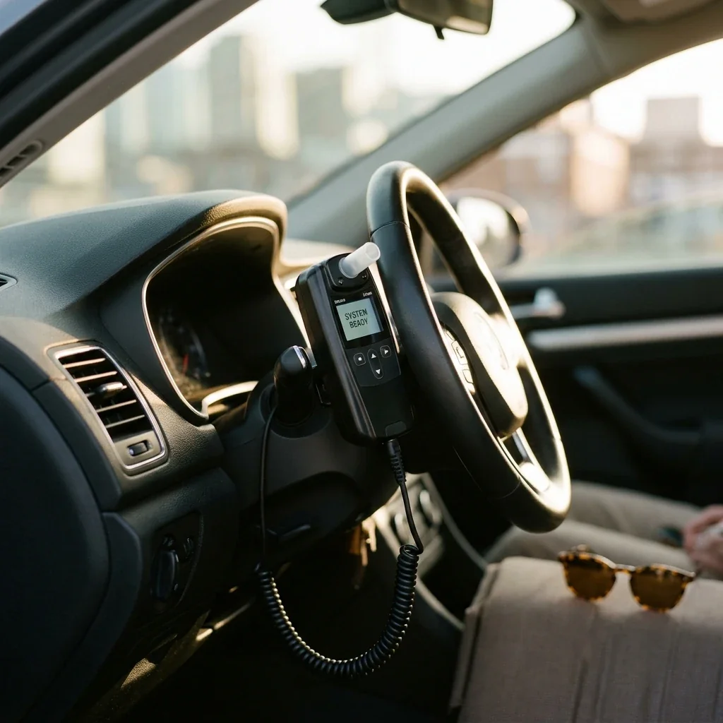 Close-up of a car dashboard at eye level showing an interlock device mounted near the steering column, natural daylight illuminating the interior, a second pair of sunglasses on the passenger seat hinting at a shared vehicle