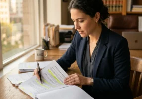 Candid view of a person sitting at a desk reviewing legal documents, with a pen in hand and a highlighted state statute visible, natural daylight coming through a window, suggesting someone researching their legal situation