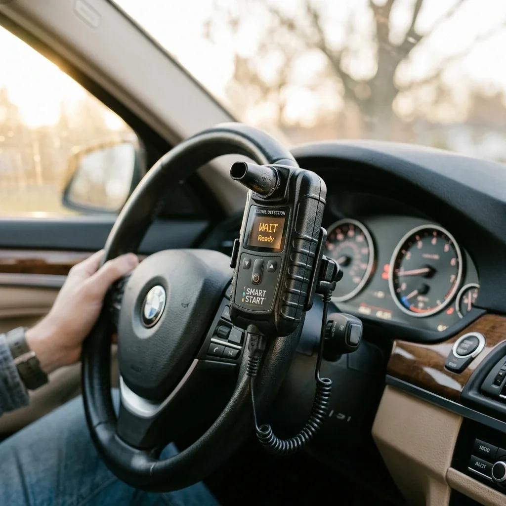 Close-up of an ignition interlock device mounted near a car's steering column, dashboard visible in background with morning light, showing the device screen and mouthpiece in realistic detail