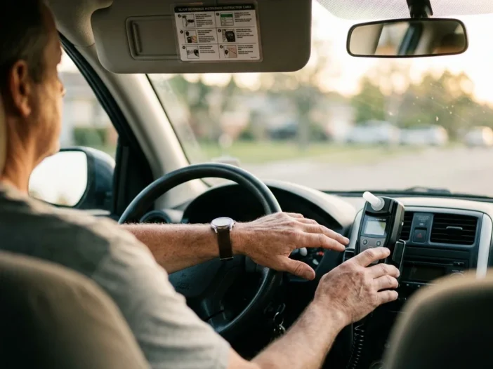 Close-up view inside a car from the passenger side, showing a driver's hands near an interlock handset mounted on the dashboard, natural daylight coming through the windshield, a quick-reference card visible tucked into the sun visor