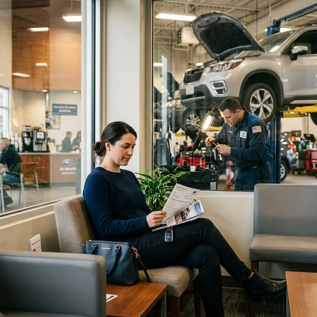 Service center waiting area, a person sitting with car keys and paperwork on their lap, a technician visible through the window working under a car dashboard, fluorescent overhead lighting mixed with natural light from glass doors